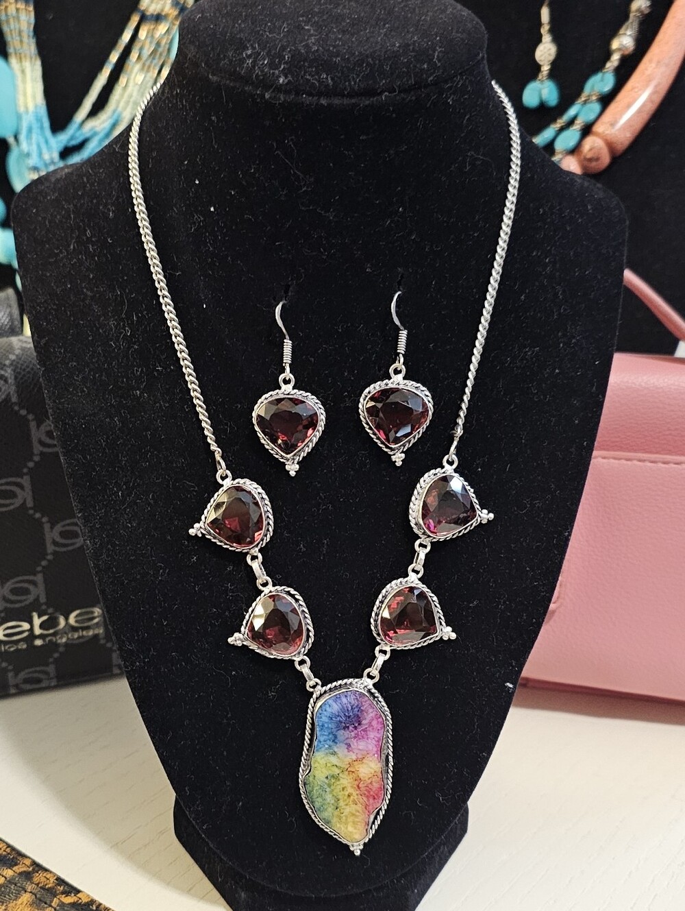 Rainbow Solar Quartz / Garnet Necklace with matching Earrings